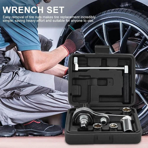 Heavy Duty Tire Iron Wrench Set With Chrome Plated Vanadium Steel Construction And 17mm 19mm 21mm Sockets For Quick Auto Repairs Roadside Emergency Kit Must Have Built Tough For Everyday Grinds displayed in portable case.
