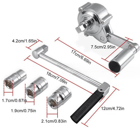 Heavy Duty Tire Iron Wrench Set With Chrome Plated Vanadium Steel Construction And 17mm 19mm 21mm Sockets For Quick Auto Repairs Roadside Emergency Kit Must Have Built Tough For Everyday Grinds, showing wrench and sockets dimensions.