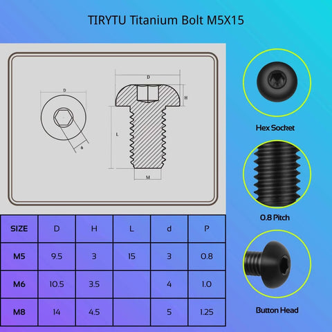 Diagram and specifications of ✝️ TIRYTU 10PCS Titanium Bolts M5x15mm Lightweight Design, hex socket, 0.8 pitch, button head.