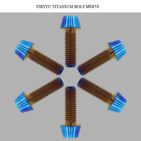 Display of ✝️ TIRYTU Titanium Bolts M5x15, corrosion resistant, burnt blue hex socket screws for bikes, motorcycles, marine use, tapered head (6PC).