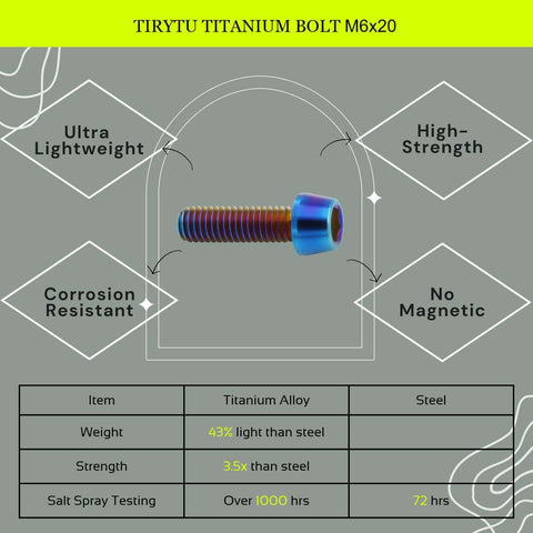 TIRYTU Titanium Bolts M6X20 - Lightweight Design | Burnt Blue hex socket screw ideal for humid/salty environments, high strength.