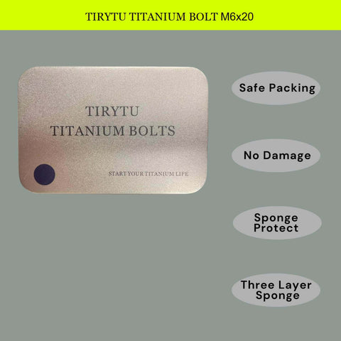 Packaging of ✝️ TIRYTU Titanium Bolts M6X20 with labels highlighting safe packing and sponge protection features.