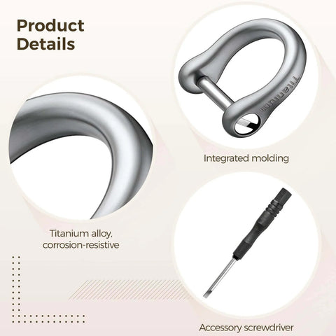 Product details showing ✝️ 4 Pcs Titanium Alloy Horseshoe D-Shaped Buckle Keychains, Includes Screwdriver, lightweight and durable design.