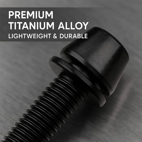 Close-up of a black titanium alloy hex bolt with washer, part of 5 Pcs Titanium Alloy M6 x 20mm Allen Hex Bolts for Bicycle V-Brake Hub.