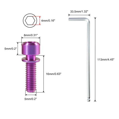 Diagram showing dimensions of SPEEDWOX 6pcs Bicycle Stem Screw with Washers Set Titanium Alloy Bike Allen Hex Bolts, M5 x 16mm, Purple.