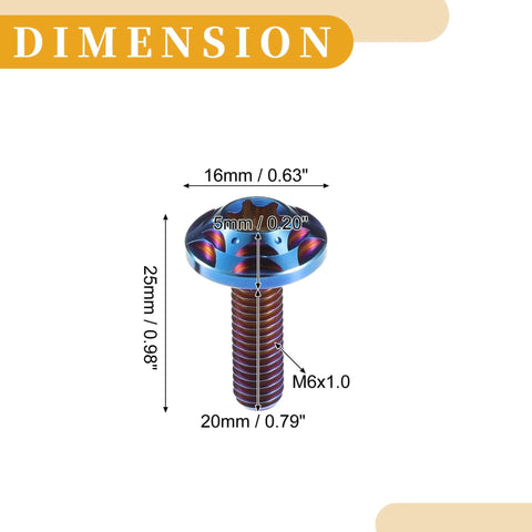 Dimensions of Partuto 1 Set 1/4" M6 Universal Anti Theft License Plate Screws, Titanium Alloy Deep Blue with measurements shown.