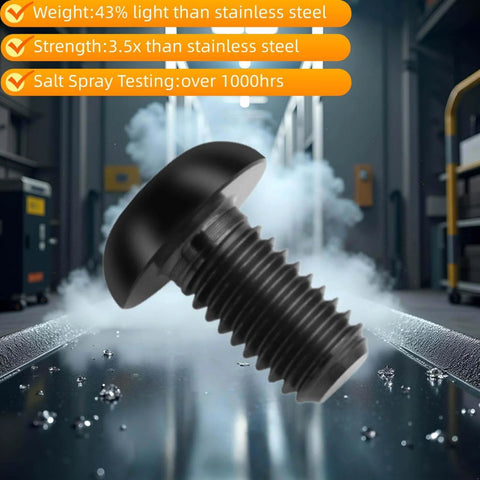 ✝️ TIRYTU 10PCS Titanium Bolts M5x15mm Lightweight Design in industrial setting, emphasizing lightweight, strength, and salt spray testing.