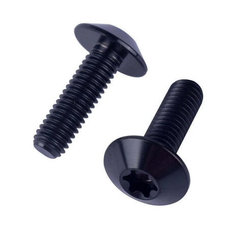 Two black VAMUOEFL Titanium Bolts M6x12mm, Button Torx Head T25 for Bicycle Motorcycle, 4Pcs, close-up on white background.