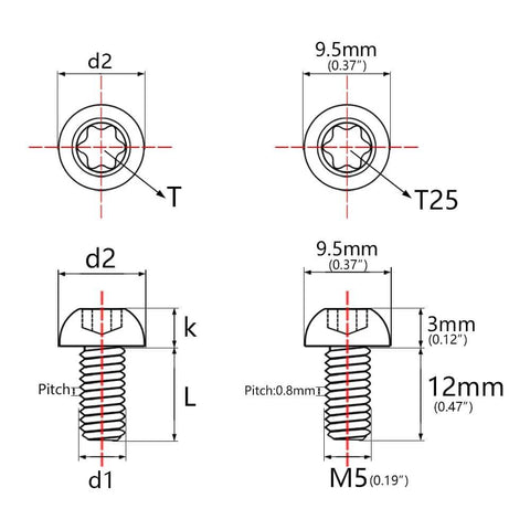 Technical diagram of 4 pcs titanium M5 x 12mm Torx head bolts for bicycle bottle cage showing measurements and thread details.