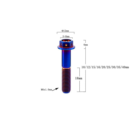 RISON Titanium Bolts Hex Head Flange Burnt Blue GR5 Titanium Screws M6x30mm with measurements