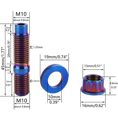 UHDFBDHF Titanium Bolt M8 M10x45mm Pitch 1.25 Automotive Exhaust Manifold Stud Kit Screws Nuts Washers (Burnt Blue) dimensions