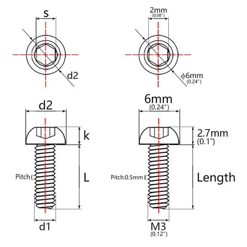 Technical diagram of ✝️ Wanyifa Titanium Bolt M3 8 10 12 15mm Allen Key Head Screws, showing dimensions and pitch specifications.