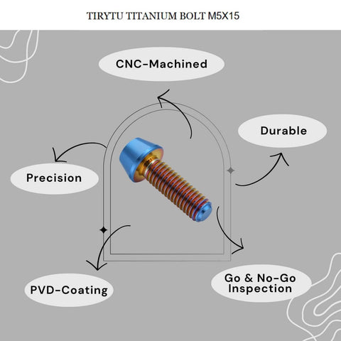 TIRYTU Titanium Bolt M5x15 showcasing features like CNC machined, durable, precision, PVD-coating, for bikes, motorcycles, marine.