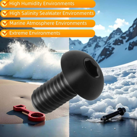 TIRYTU 10PCS Titanium Bolts M5x15mm Lightweight Design shown in extreme environments, suitable for humid and salty conditions, black bolt close-up.