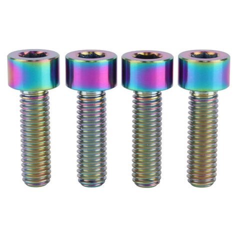 Set of 4 rainbow-colored UHDFBDHF Titanium Bolt M6 x 20mm hex bolts for bicycle screws, displayed in a row.