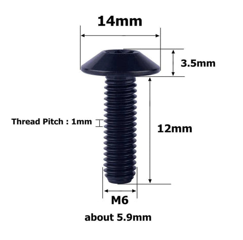 Image showing VAMUOEFL Titanium Bolt M5 M6x12 15 20mm Button Torx Head T25 30 Screw dimensions with 14mm head, 12mm length, M6 threading.