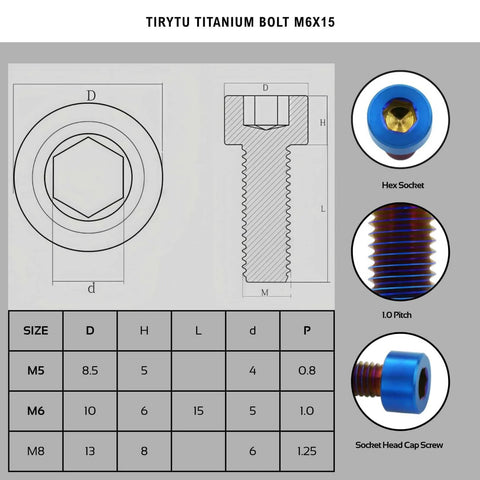 Diagram and specifications of ✝️ TIRYTU Lightweight Titanium Bolts M6x15 with hex socket, burnt blue color, for MTB/Road Bike upgrades.