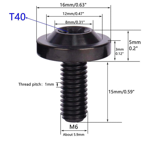 Diagram of UHDFBDHF 4Pcs Titanium Bolt M6 10 15 20mm Torx T40 Screws for Bicycle Motorcycle Car Bolt (Black, M6x15mm) with measurements