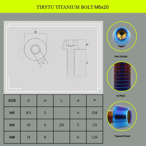 Diagram and specs of TIRYTU Titanium Bolts M6X20 with hex socket, 1.0 pitch, tapered head, ideal for humid/salty environments, burnt blue color.