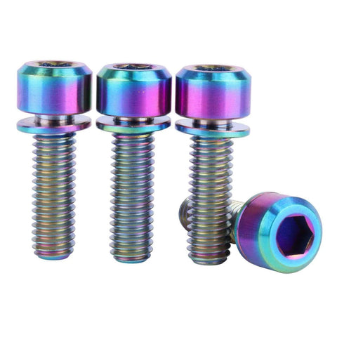 ✝️ UHDFBDHF Titanium Bolt M6x16 18 20mm Allen Hex Pillar Head for Bicycle Screw Pack of 4 in rainbow colors, shown up close.