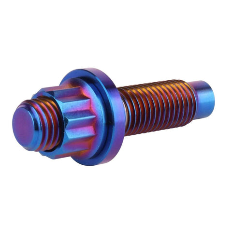 Burnt blue UHDFBDHF Titanium Bolt M8 M10x45mm Pitch 1.25, automotive exhaust manifold stud, close-up view of threaded bolt.