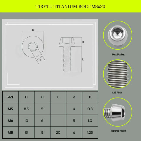 Diagram and measurements of ✝️ TIRYTU Titanium Bolts M8x20mm in hex socket design with tapered head and 1.25 pitch, ideal for humid environments.