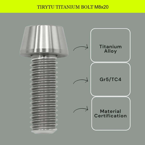 ✝️ TIRYTU Titanium Bolts M8x20mm showing material certification and composition details in natural color for motorcycle or aerospace use