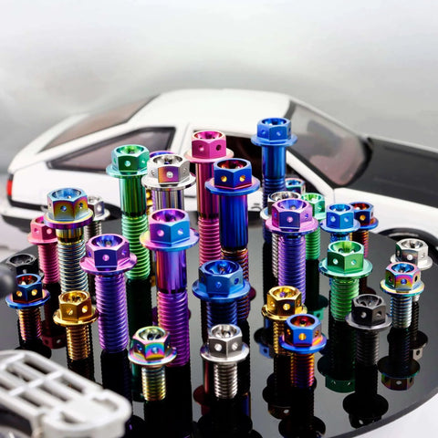 Colorful assorted titanium bolts with hex head flanges on display, including RISON Titanium Bolts Hex Head Flange Burnt Blue GR5 Titanium Screws M6x30mm Pack of 5.
