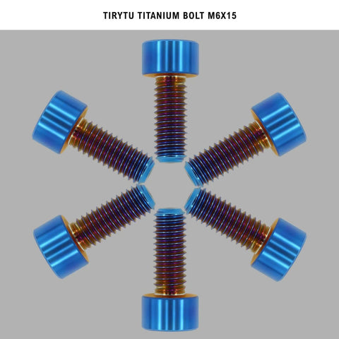 Arrangement of TIRYTU Lightweight Titanium Bolts M6x15 with hex socket in burnt blue, corrosion resistant for MTB and motorcycles