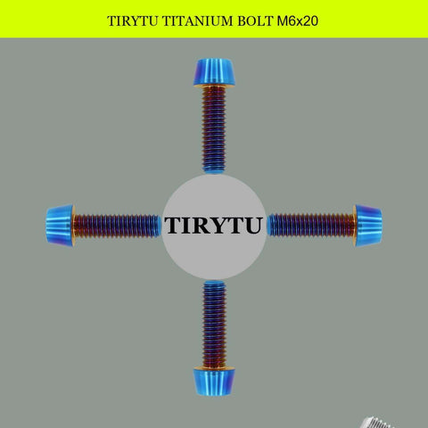 TIRYTU Titanium Bolts M6X20 displayed in a cross pattern showing burnt blue color and hex socket head, ideal for humid and salty environments.