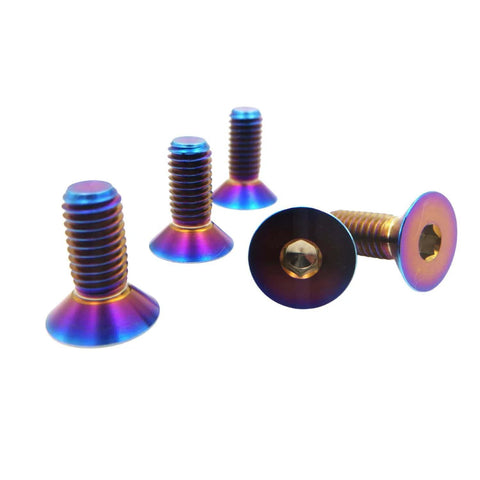 ✝️ RISON Titanium Ti Bolts M5x15mm, countersunk hex socket cap, burnt blue, pack of 5, showing flat head and hex socket close-up.