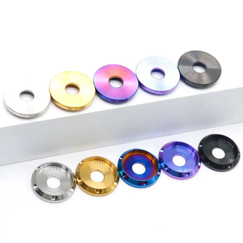 UFO Head Titanium Washers Set M4 To M10 Burnt Blue Belleville CNC Machined 4 Pack in various colors on display