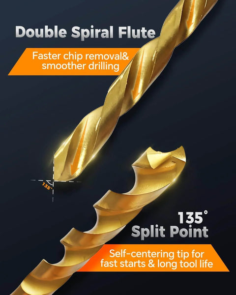 Close-up of Sixteen Piece Titanium Coated HSS Drill Bit Set With Hex Shank For Wood Plastic Aluminum showing spiral flute and split point features.