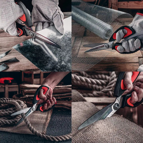 10 Inch Heavy Duty Scissors With Titanium Coating Forged Stainless Steel Blades For Pruning Gardening Fabric And Household Tasks Rust Resistant Multipurpose Shears With Red And Black Handles shown cutting various materials