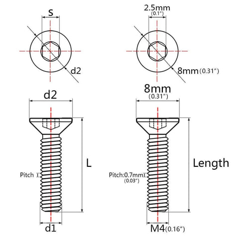 Diagram of ✝️ Wanyifa Titanium Ti M4x8 10 12 15 20 mm Countersunk Flat Head Hex Socket Cap Screw Bolt, showing dimensions and pitch.
