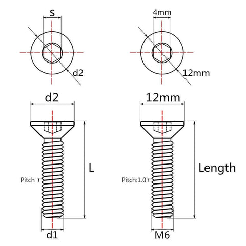Technical diagram of ✝️ Wanyifa Titanium Ti M6x10 15 20 25 30 35 40 45mm Countersunk Flat Head Hex Socket Cap Screw Bolt pack of 4 (M6x15mm, Normal Titanium)