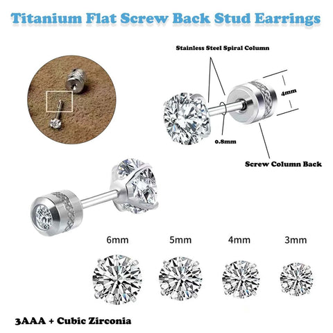 Diagram of Titanium Surgical Stainless Steel Cubic Zirconia Screw Back Stud Earrings with dimensions and design features.