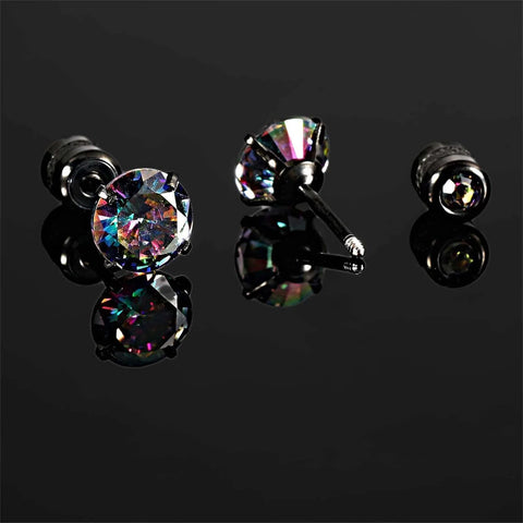 ✝️ Titanium Surgical Stainless Steel Cubic Zirconia Screw Back Stud Earrings in rainbow black displayed on a reflective surface