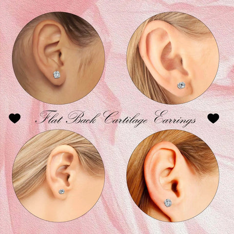 Titanium Surgical Stainless Steel Cubic Zirconia Screw Back Stud Earrings on ear, hypoallergenic and dainty design for women and men.