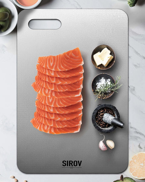 Salmon and ingredients on a Titanium Cutting Board, part of the Titanium Cutting Board Set of 3, Premium Pure Titanium Chopping Boards for Kitchen, Non-Toxic & Dishwasher Safe for Meat, Fruit, and Vegetables (3PCS).