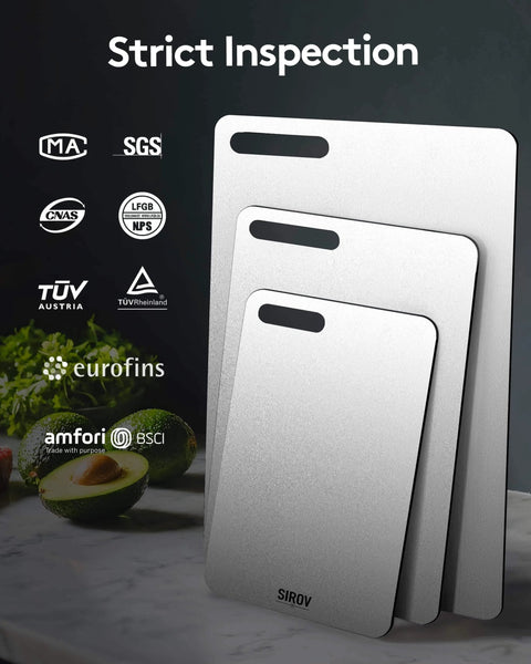 Titanium Cutting Board Set of 3 displayed with strict inspection certifications on a kitchen counter.