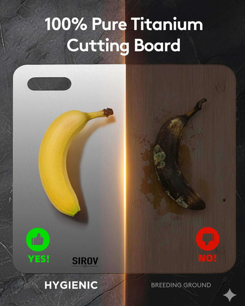 Comparison of banana on a 100% Pure Titanium Cutting Board highlighting hygienic benefits; clean vs. breeding ground.