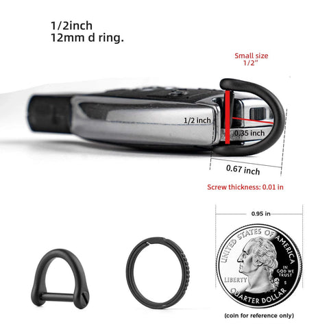 Close-up of FEGVE Titanium D Ring Key Ring with screwdriver, Car Fob holder Keychain Men Key Shackle Horseshoe Clasp with size details