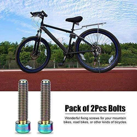 Pack of 2 Vbestlife Titanium Disk Brake Bolts M6 X 25mm MTB Disc Brake Calipers in multicolor next to a mountain bike