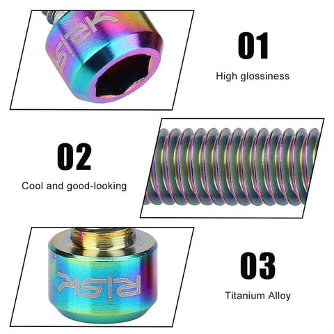 Close-up of Vbestlife Titanium Disk Brake Bolts M6 X 25mm MTB Disc Brake Calipers in multicolor with high gloss and titanium alloy material.