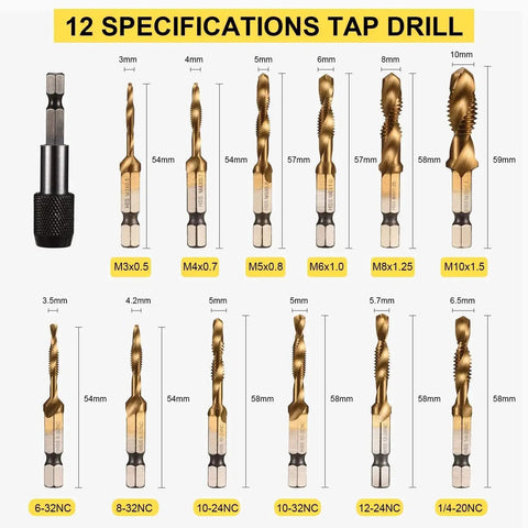 Combination Drill Tap And Tap Bit Set 3 In 1 Titanium Coated High Speed Steel Tapping Bits displayed in 13 SAE and Metric sizes.