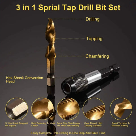 Combination Drill Tap And Tap Bit Set 3 In 1 Titanium Coated High Speed Steel Tapping Bits with Quick Change Adapter, 13 Piece Set