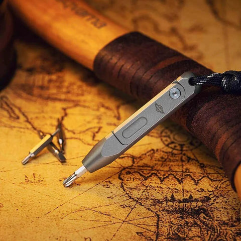 ✝️ OKNIFE Otacle D1 Titanium Small EDC Multi Bit Pocket Screwdriver on vintage map background, showing interchangeable bits.