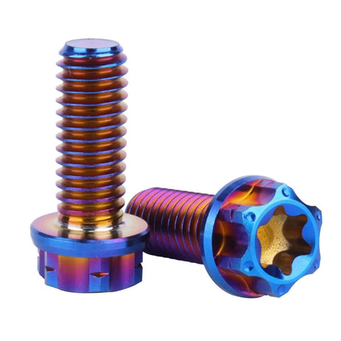 ✝️ UHDFBDHF Titanium Flange Head Bolt M6x10 15 20mm T30 Torx Screw Pack of 4 in Burnt Blue, M6x15mm, showing bolt details.