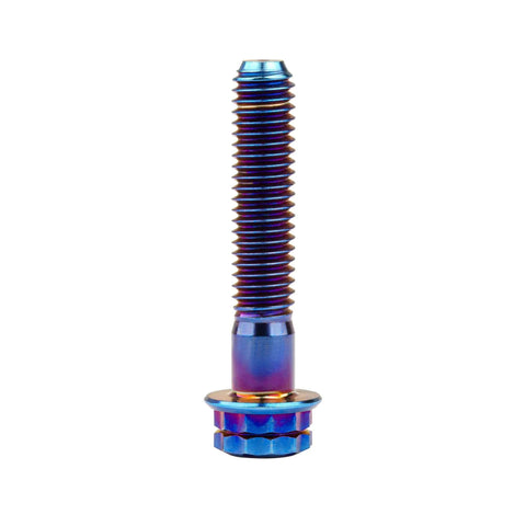 Burning blue Wanyifa Titanium Flange 12 Point M6x30mm screw bolt, 50mm length, side view of pack of 4 metal fastener